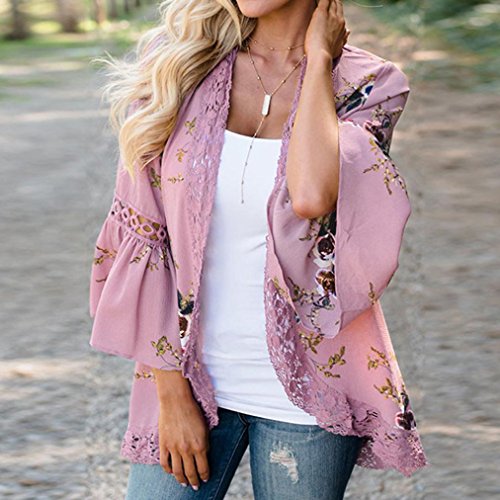 YANG-YI Women Lace Floral Open Cape Casual Cardigan Loose Blouse Kimono Cardigan Beach Dress (Pink, US L)