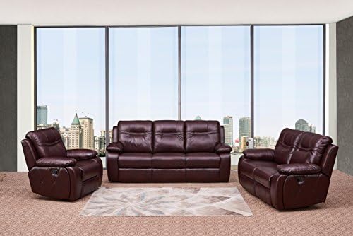Betsy Furniture 3-PC Bonded Leather Recliner Sofa Set Living Room Set, Sofa + Loveseat + Chair, Pillow Top Backrest and Armrests 8073-321