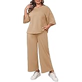 Beautife Womens Plus Size 2 Piece Outfits 3/4 Sleeve Tops and Wide Leg Pants Loungewear Pajamas Sets