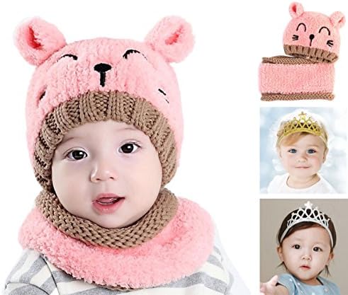 Little Mouse 1-4 Years Baby Girls Winter Beanie Knit Hats Winter scarfs For Toddlers Girls Gold Crown Headbands Headwraps
