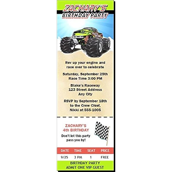 Amazon.com: Monster Truck Birthday Party Ticket Invitation, Printable or  Printed Option : Handmade Products