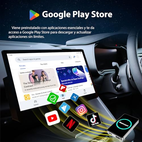 Sunweyer 2025 Wireless CarPlay Adapter for Android Auto Streaming Box SW12 Pro with Netflix, Youtube, Hulu, App Installation - AI Box, Dual WiFi, HDMI, LED Ambient Light (SW12 Pro)