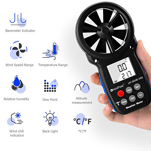 HOLDPEAK 866B-WM Digital Anemometer Handheld Wind Speed Meter with Altitude and hpa measurement, for Measuring Wind Speed, Temperature (℃/℉),Dew point and Wind Chill with Backlight and Humidity Tester