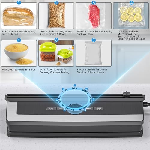 5-in-1 Vacuum Sealer with Cutting Function, 85 Kpa Vacuum Sealer for Meat, Vegetables & Cooling, with Digital Timer and 5 Vacuum Bags, for Kitchen and Long-Term Storage