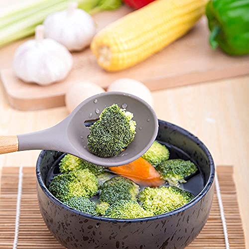 Mapthon Silicone Cooking Kitchen Utensils Set 6 PCS with Wooden Handle for Non-Sticker Cookware Heat-Resistant Kitchen Gadgets Serving Spoons, Slotted Turner, Spatula, Spaghetti Server(Grey)