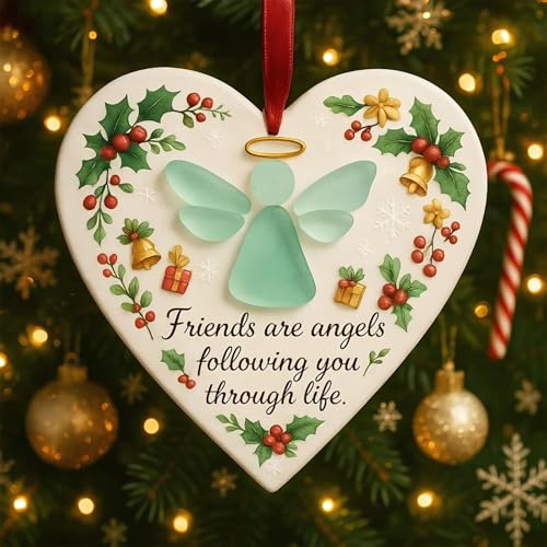 Heart Shaped Christmas Tree Ornament, Angel Friendship Ornament, Friends Are Angels Themed Pendant with Holly, Berries, Bells & Gifts Design, 8cm Acrylic Xmas Decoration for Tree, Friend Gifts