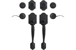 GUA OYH Front Door Handle Matte Black Double Door Handle Sets with Dummy, Double Door Lock Set Exterior Door Handle Set, with Single Cylinder Deadbolt, with Wave-Like Handle Lever, (L321020-B-S720)