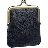 ZZHAOYI Women Genuine Leather Clutch Coin Purse Mini Kiss Lock Change Purse Wallet Slim Retro Coin holder Purse (Black)