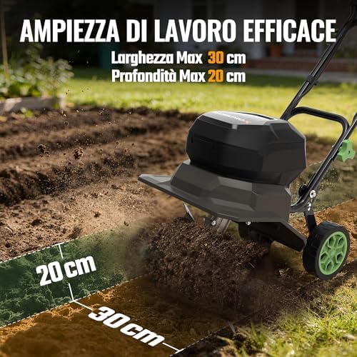 X Motozappa Elettrica Senza Fili 40V, Lavoro 30 cm x 20 cm, doppia Batteria 4000 mAh, Manubrio Pieghevole, Ruote Regolabili in 4 Posizioni - Compatta e Silenziosa per Giardino, Orto e Frutteto