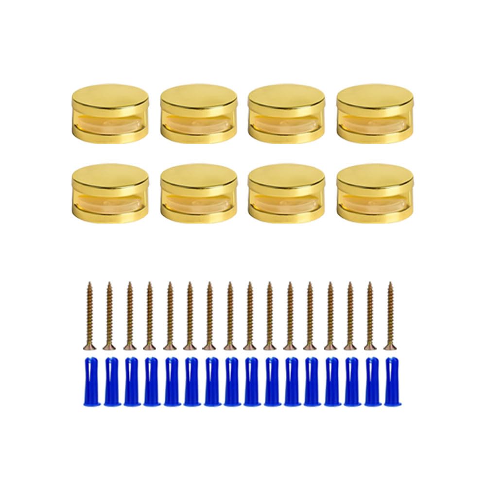 Gold Frameless Mirror Mounting Hardware Kit Adjustable Mirror Holder Clips for 3-5mm Thick Glass, Mirror Mounting Brackets with Screws and Anchors Glass Clips Clamps for Mirror Hanging Kit (8 Pack)