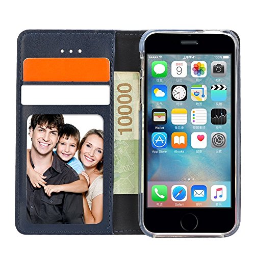 iPhone SE Case, iPhone 5S Case, IPHOX Magnetized Closure Card Slots Money Pouch, Retro Leather Wallet Case Purse Protective Cover Stand Feature Flip Book Case for iPhone 5s / 5 / SE (Blue/E)