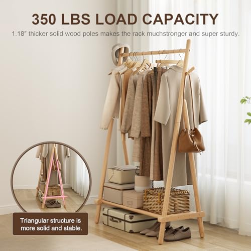 AQIMUELE Wooden Clothes Hanger, Clothes Stand, 46 x 100 x 155 cm, Heavy Duty Easy to Assemble Coat Stand with Shoe Stand (Natural)