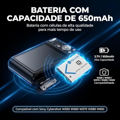 Bateria NP-BN1 MemoryTec Compatível com Sony W800 W810 W830 WX80 TX100V QX10 TX30 W570 WX70 TX200V W580 W530 WX50 TX66 T110 TF1 WX100 W620 e Mais