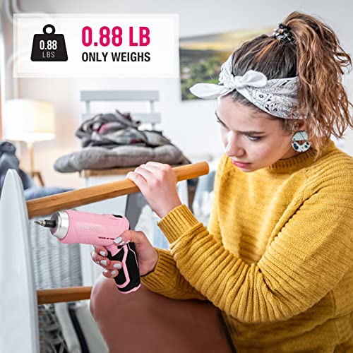WORKPRO 55-Piece Pink Tools Set, 3.7V Rotatable Cordless Screwdriver and Household Tool Kit, Basic Tool Set with 13\'\' Portable Tool Bag/Storage for Home, Garage, Apartment, Dorm, New House