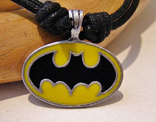 Batman? Yellow and Black Bat pewter pendant on long cord necklace Superhero