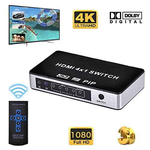 HDMI 4x1 Switch, 4K x 2K 4 Port HDMI Switcher with PIP Mode and IR Remote, Support 1080P 3D for Home Theater / Multimedia Presentation / HDTV / DVD / PS3 / PS4 / STB / Bluray Player etc