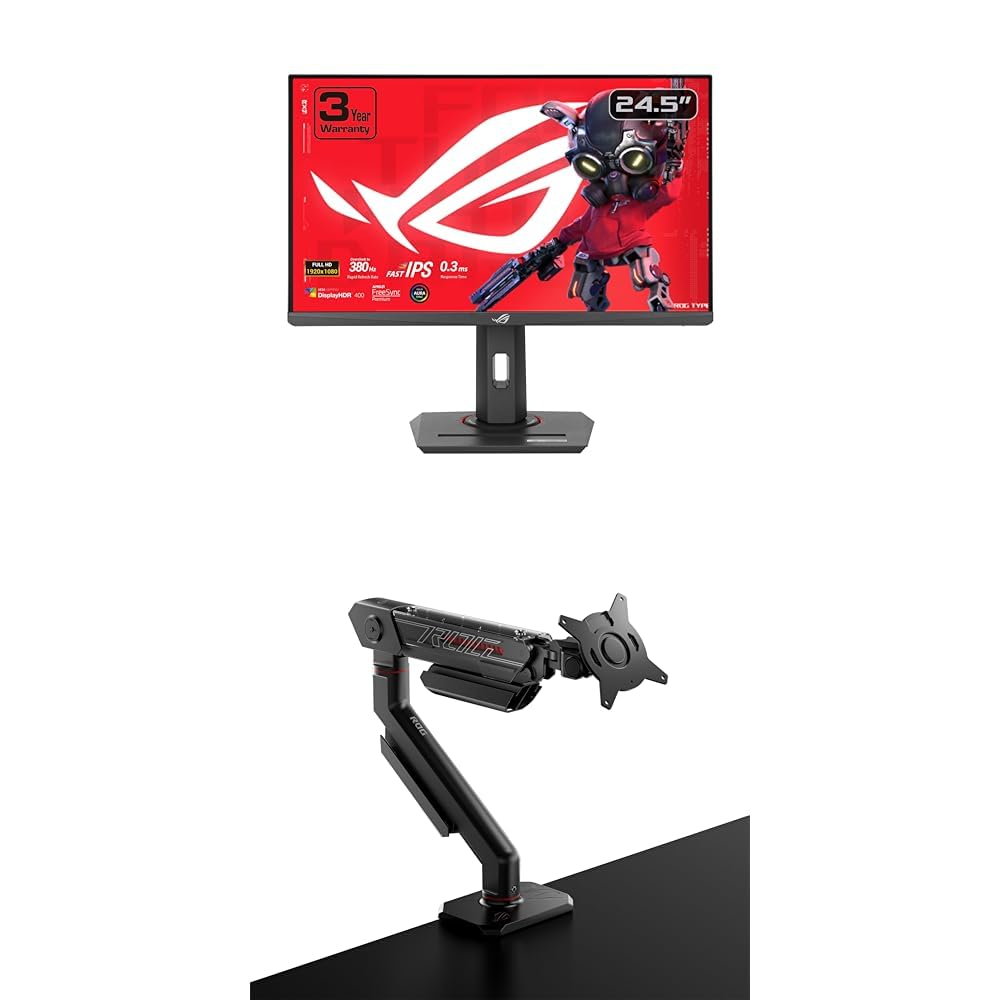 ASUS ROG Strix 25” (24.5-inch viewable) 1080P HDR Esports Gaming Monitor (XG259QNG) ROG Ergo Monitor Arm (AAS01) Image ASUS ROG Strix 25” (24.5-inch viewable) 1080P HDR Esports Gaming Monitor (XG259QNG) ROG Ergo Monitor Arm (AAS01) Image