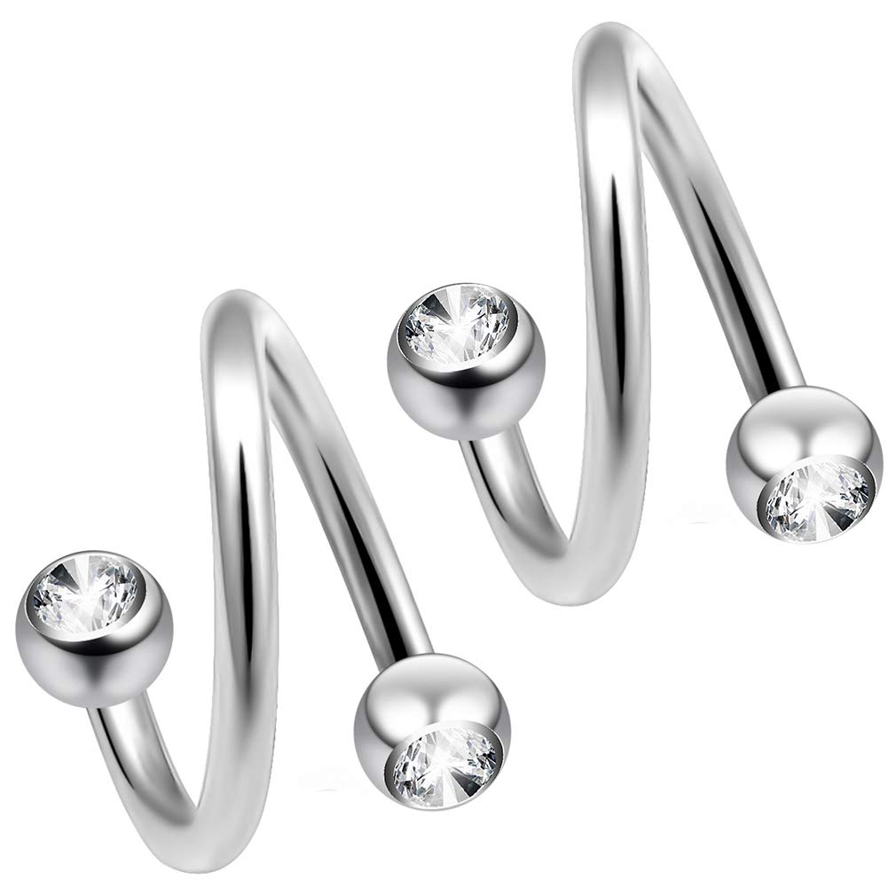 2pc Twisted Barbell 1.2mm 16g Piercing Earrings Helix Cartilage Twist 316LVM Surgical Steel Daith Spiral Navel Bar Banana Button Ring Navel Gauge Twister Body Jewellery Cubic Zirconia CZ 10mm