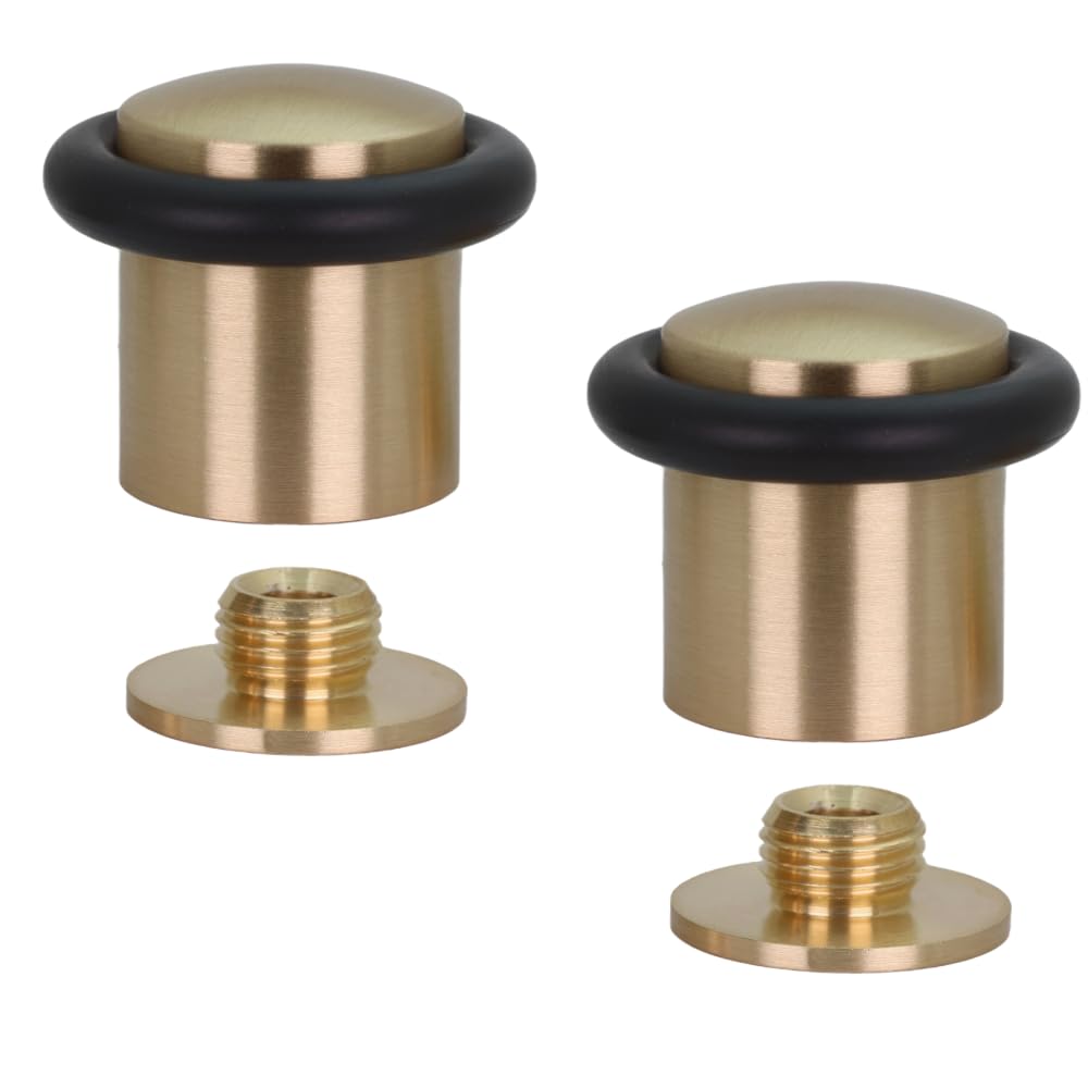 EVI Herrajes | Pack of 2 Gold Door Stops | Brass Body | Threaded Base | Silicone Black Rubber | Includes Plug + Screw | Mod. I-13824X30MT — image 1
