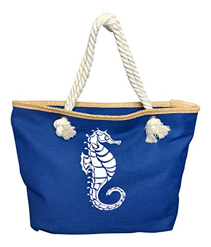 LuluVin Beach Bag Large Tote Canvas Shoulder Bag with Zipper and Water Resistant Lining (Navy Seahor - //medicalbooks.filipinodoctors.org