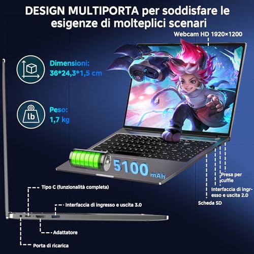 bvate Laptop Gaming 16 GB RAM 512 GB 1TB SSD Expansion Core i3 (up to 3.2 GHz) Notebook 16 Inch Laptop 1920 x 1200 IPS UHD 5G WiFi with Mouse & Keyboard Stickers Italian-Grey | Schermo IPS 1920×1200 FHD+, CPU fino a 3,2GHz, 5G WiFi, Mouse e adesivi tastiera italiana inclusi