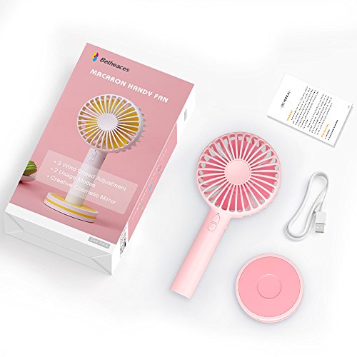 Betheaces Portable Mini Handheld Fan, Small USB Battery Operated Fan with Mirror Base, 3 Speed Electric Table Desk Personal Fans for Women Outdoor Indoor Camping Travel Home Office Cooling (Pink)