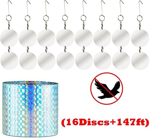 Wonton 16 Bird Scare Discs and 147 Feet Scare Tape - Keeps All Birds Away from Your Property–Effective for Pigeons,Woodpeckers,Hawks and Most Other Birds …