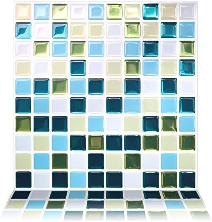 Tic Tac TilesPeel and Stick Self Adhesive Removable Stick On Kitchen Backsplash Bathroom 3D Wall Sticker Wallpaper Tiles in Small Square Designs (Vetro Aqua & Glassy Peacock) (5, Glassy Peacock)