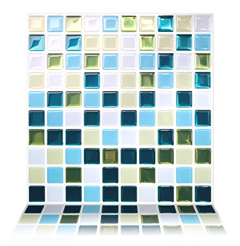 Tic Tac TilesPeel and Stick Self Adhesive Removable Stick On Kitchen Backsplash Bathroom 3D Wall Sticker Wallpaper Tiles in Small Square Designs (Vetro Aqua & Glassy Peacock) (5, Glassy Peacock)
