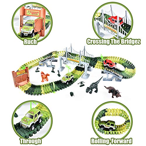 Fulljion Jurassic World Dinosaur Toys Track Racing Playset, 142pcs Building Toys DIY Assembled Track Set 2 Electric Cars(Equipped 2 Batteries), 3 Dinosaurs, 5 Soldiers - Children Christmas Toys