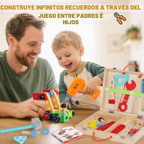 Toys Children 3 Years Old Gift Boy Girl 3 4 Years, Wooden Tool Box Toy with Electric Drill, Montessori Toys Educational Games Boys Girls 3 4 Years Old (44 Pieces)