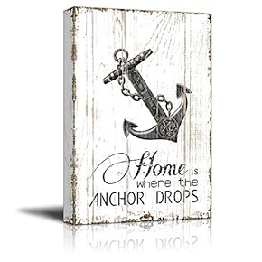 Canvas Wall Art - Home is Where The Anchor Drops Quotes on Wood Style Background - Gallery Wrap Modern Home Art | Ready to Hang - 12x18 inches