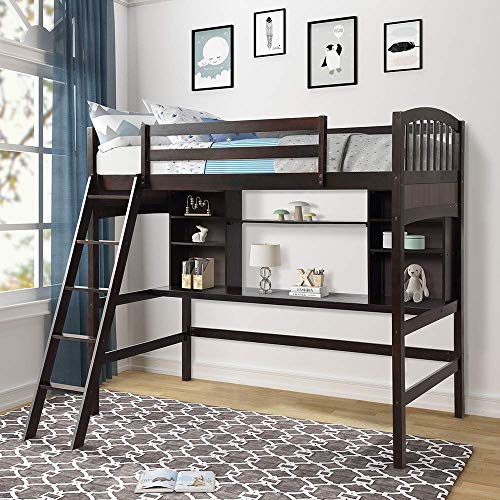 Amazon.com: Wood Loft Bed with Desk Twin Size Study Loft ...