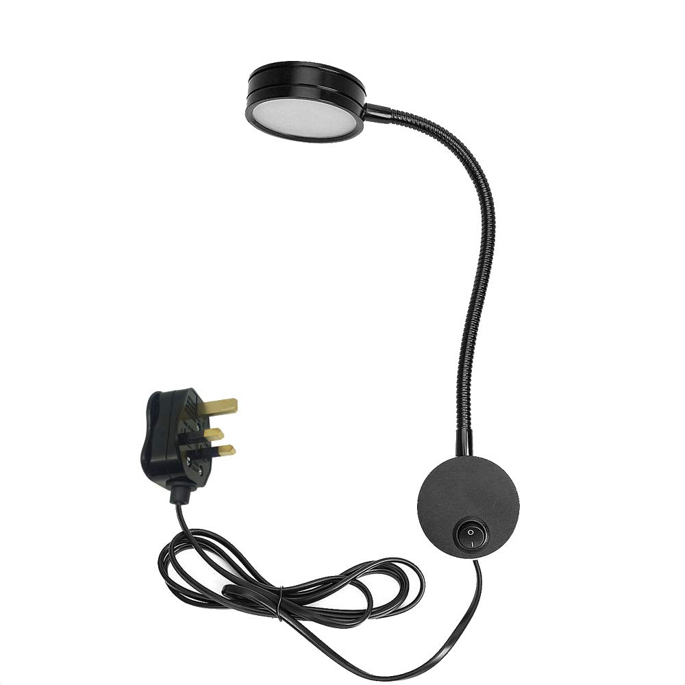 Youngine 5W UK Plug Reading Lamp, Flexible Gooseneck 5W LED Wall Mounted Bedside Light with ON/Off Switch and Plug for Bedroom Hotel Workbench Studio (Black Cool White)