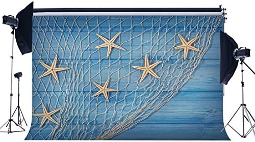 Gladbuy Vinyl 5X3FT Seaside Backdrop Starfish Fishing Net Ocean Sailing Backdrops Blue Stripes Wood Plank Photography Background for Boys Children Summer Holiday Party Photo Studio Props KX261