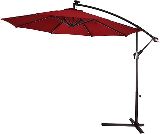 Amazon Com Casart 10ft Patio Umbrella Solar 24 Leds Lighted W Cross Base For Garden Lawn And Yard Sun Shade Market Umbrella Burgundy Red Garden Outdoor