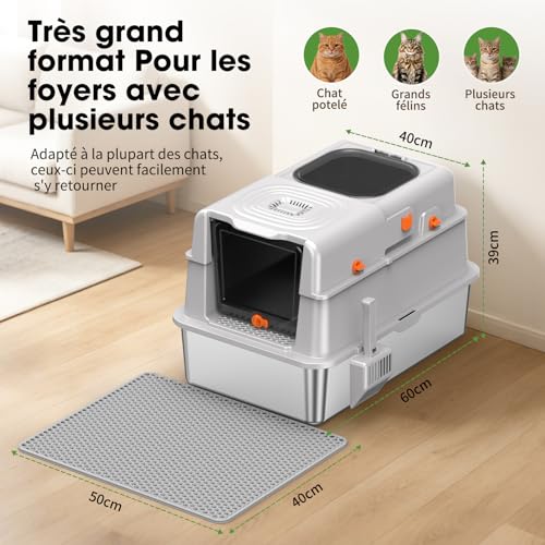 Stainless Steel Litter Tray with Lid, Large Cat Tray, Closed Tray with Odor Control, Charcoal Filter & Double Enter, Easy to Clean, Non-stick, Durable, Light Grey