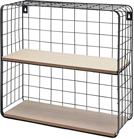 Spetebo Gitter Wandregal mit 2 Holzablagen 40x40x15 cm - Modernes Küchenregal oder Badregal aus Metall und Holz
