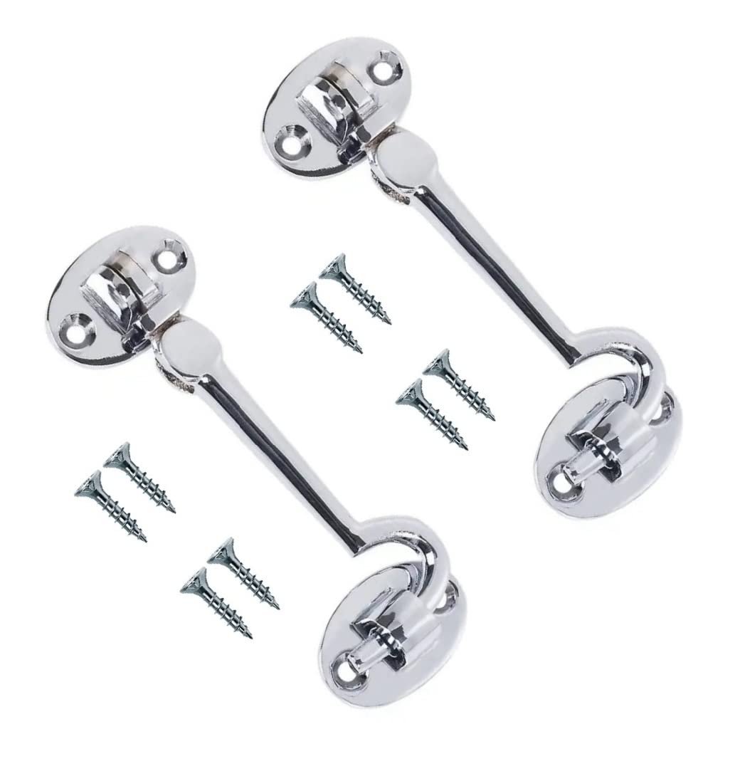 TERF® 100mm Heavy Duty Polished Chrome Cabin Door Hook and Eye Lock 100mm (4 inch) Cabinet Latch including Fixing Screw For Door Gate Window Closet Shed Latch - Pack of 2