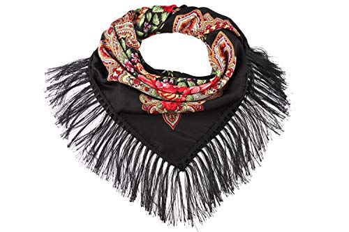 Traditional Ukrainian Scarf and wrap with Tassel Pavlovo Posad Shawl for Women (Black)