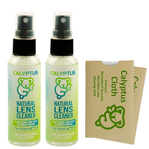 Calyptus Eyeglass Lens Cleaner Spray Care Kit | 100% Natural, Plant Based, Non-Toxic, and Safe | Alcohol Free, Ammonia Free, VOC Free | AR Safe for Coated Lenses | 4 oz Bundle with 2 Calyptus Cloths