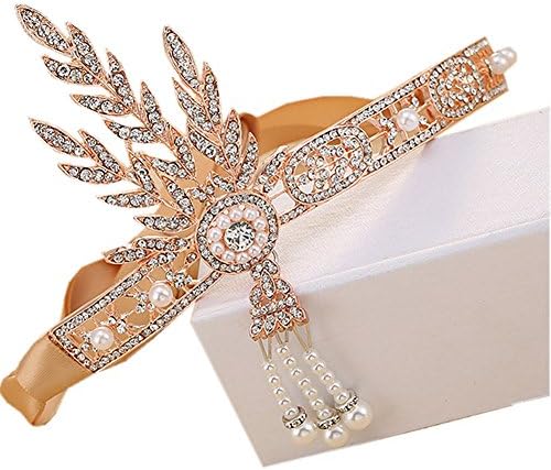 FOLLOWUS 1920's Great Gatsby Vintage Style Pearl Crown Charleston Bridal Headband (Rose Gold)