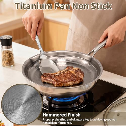 Sartén de titanio martillado Pro para cocinar, sartén de titanio con tapa, utensilios de cocina Pro antiadherentes, calentamiento uniforme para cocinar (30cm)