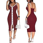 Ninimour Women's Bodycon Midi Work Dresses Contrast Paneled Button Decor Business Sleeveless U Neck Casual 2025 Dress