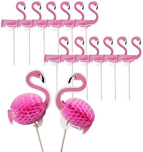 Kakasogo 16 Pcs 3D Flamingo Cupcake Toppers Cake Picks Cocktail Tropical Wedding Birthday Hawaii Luau Beach Party Food Drink Decoration（Pink）