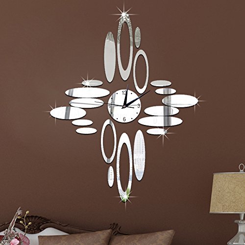 Happy Hours - Modern Oval Mirror Wall Clock / 3D Home Decoration Sticker Design Bell / Removable Acrylic Decal Watch(Silver)
