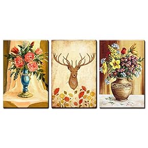 3 Panel Canvas Wall Art - Deer with Giant Antlers and Vases of Flowers - Giclee Print Gallery Wrap Modern Home Art Ready to Hang - 16"x24" x 3 Panels