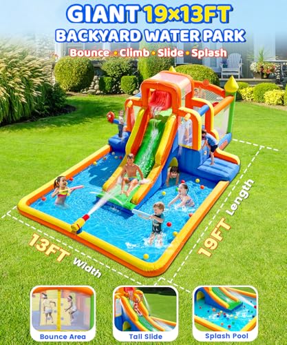 HuaKastro Giant Water Slide & Bounce House for Big Kids, 3 Climbing Routes Race to the Tall Slide, Dry Jumping Area, 4-Sprayer Water Fun and Big Splash Pool, Backyard Waterpark for Kids Party