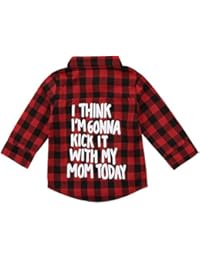 Kids Little Boys Girls Baby Letters Print Long Sleeve Button Down Red Plaid Flannel Shirt (5T, Red)