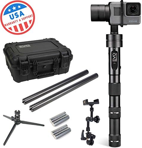 EVO GP-PRO 3 Axis Gimbal GoPro Stabilizer for Action Cameras - 1 Year US Warranty | Includes: EVO GP-PRO, 2 Sets Batteries + 3K CF Ext. Pole Set + Tripod Stand + Pro-Mount + Duo Transport Case